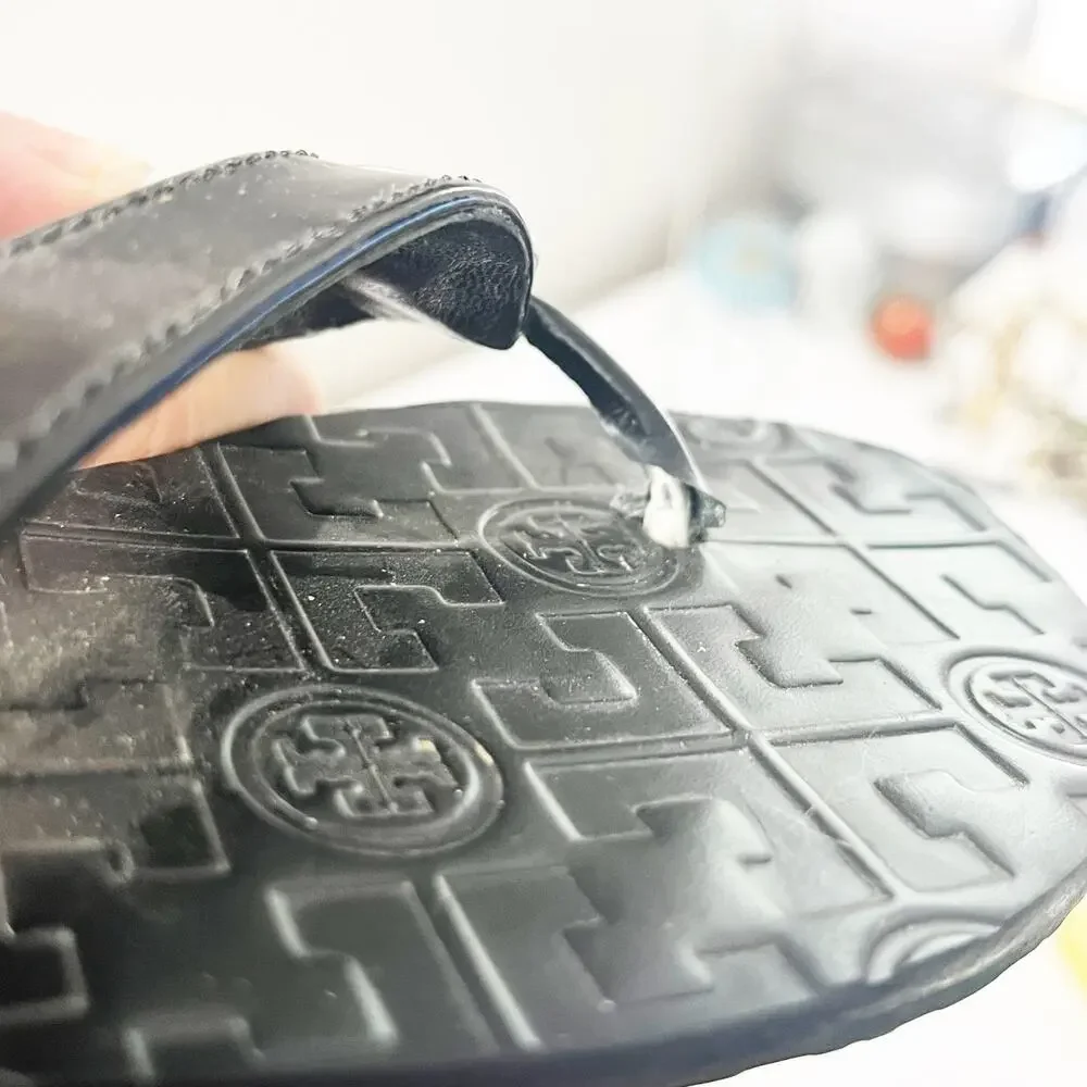 Tory Burch Black Patent Logo Flip Flops with Silver Medallions Size 6